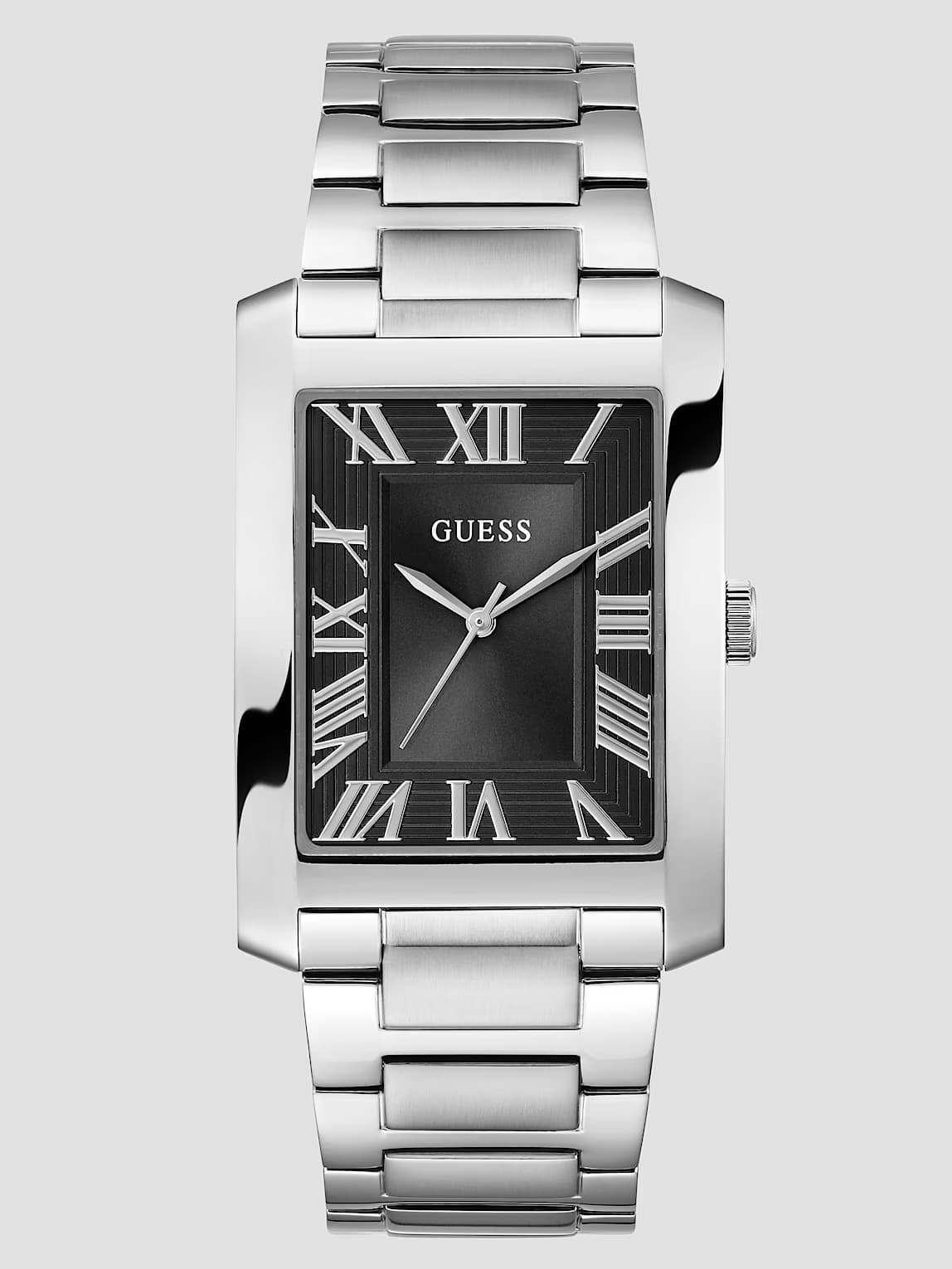 Guess Silver-Tone and Black Square Analog Watch GW0896G1